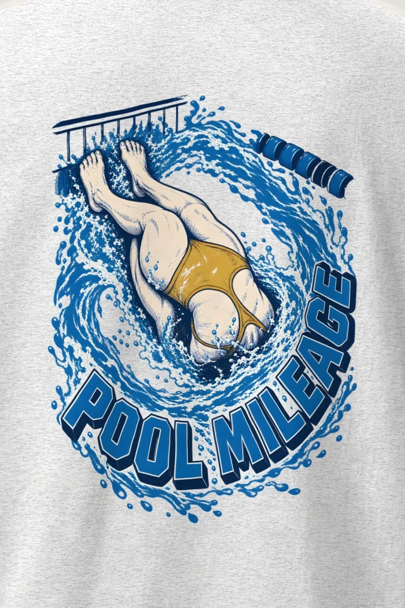 "Pool Mileage Swimmer Dive" Heavyweight Unisex Crewneck T-shirt - the graphic up close