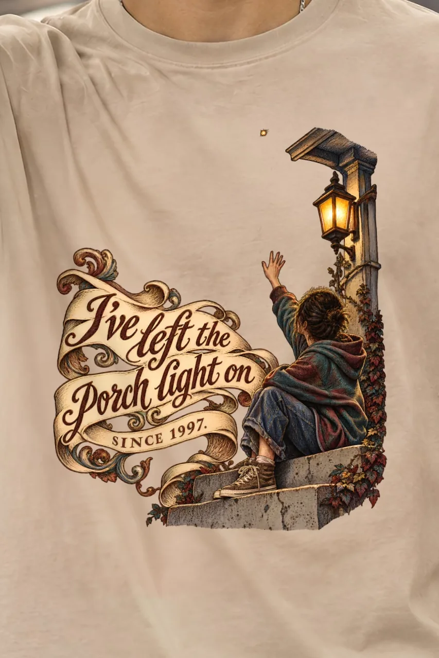 "Porch Light On" Heavyweight Unisex Crewneck T-shirt - the graphic up close