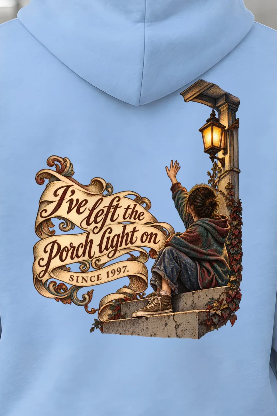 "Porch Light On" Unisex Pullover Hoodie - the graphic up close