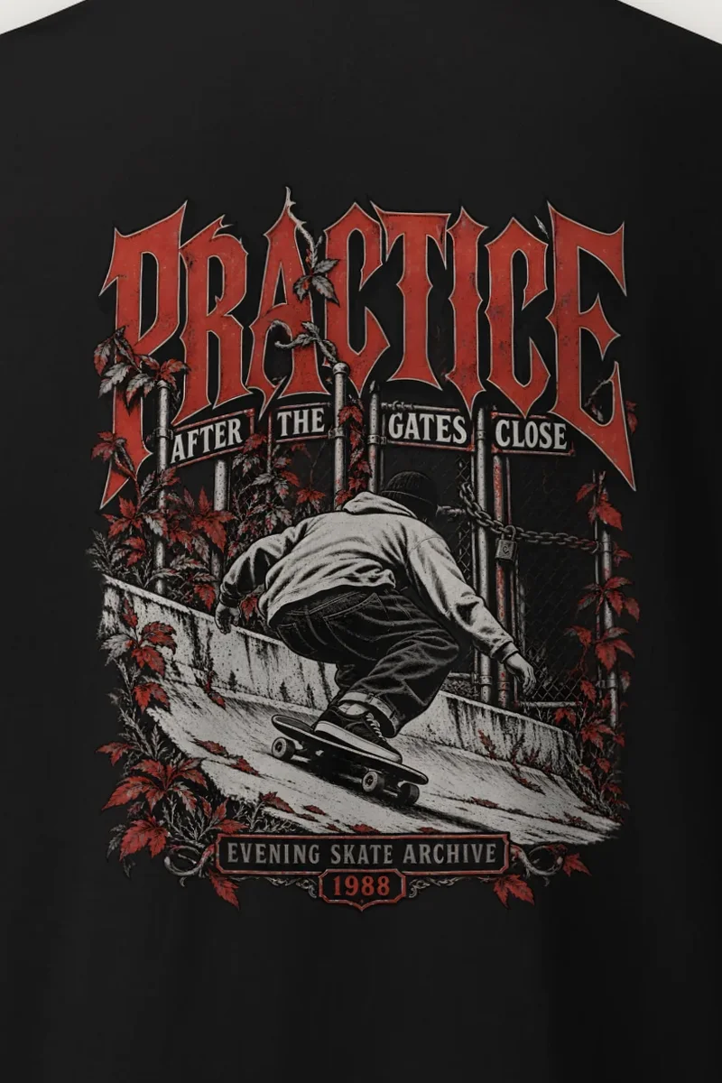 "Practice After the Gates Close" Heavyweight Unisex Crewneck T-shirt - the graphic up close