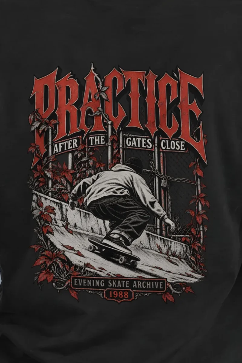 "Practice After the Gates Close" Heavyweight Unisex Crewneck T-shirt - the graphic up close