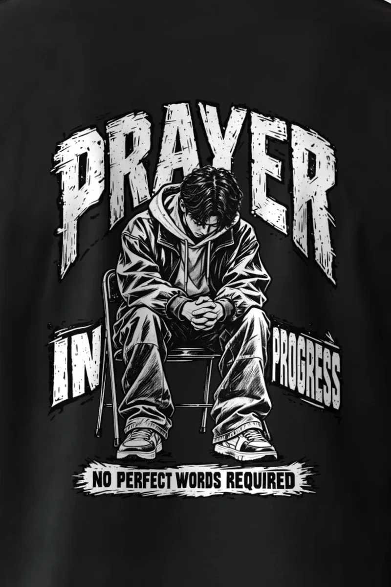 "Prayer in Progress" Heavyweight Unisex Crewneck T-shirt - the graphic up close