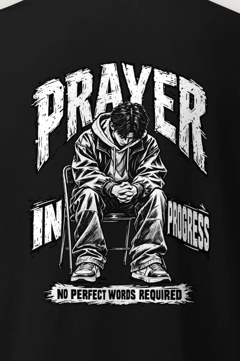 "Prayer in Progress" Heavyweight Unisex Crewneck T-shirt - the graphic up close
