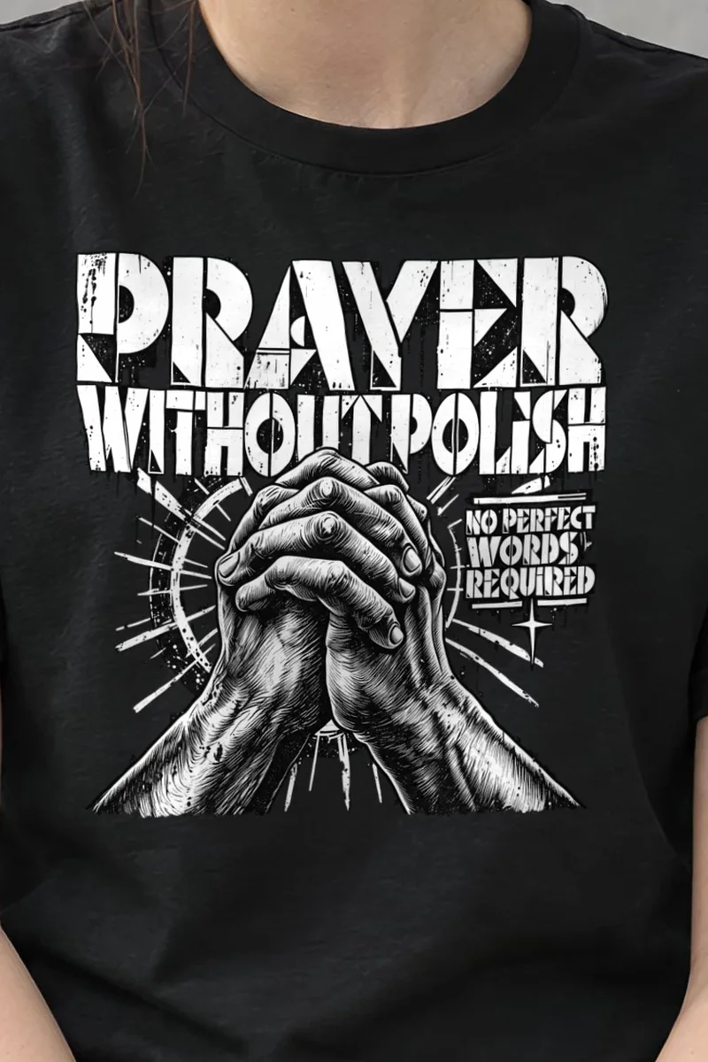 "Prayer Without Polish" Heavyweight Unisex Crewneck T-shirt - the graphic up close