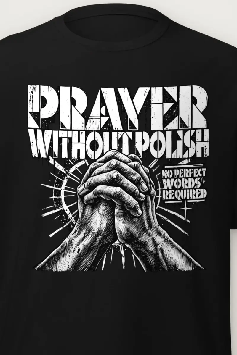 "Prayer Without Polish" Heavyweight Unisex Crewneck T-shirt - the graphic up close