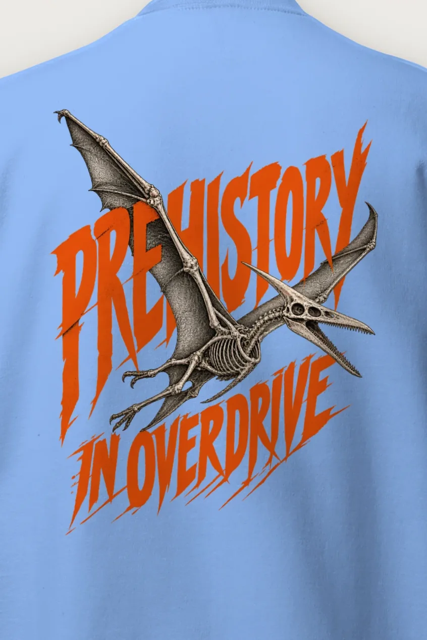 "Prehistory in Overdrive" Heavy Blend Unisex Crewneck Sweatshirt - the graphic up close