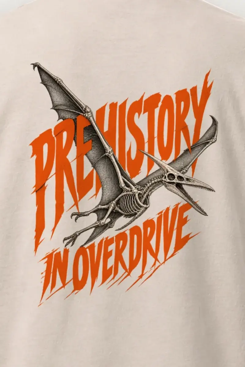"Prehistory in Overdrive" Heavyweight Unisex Crewneck T-shirt - the graphic up close