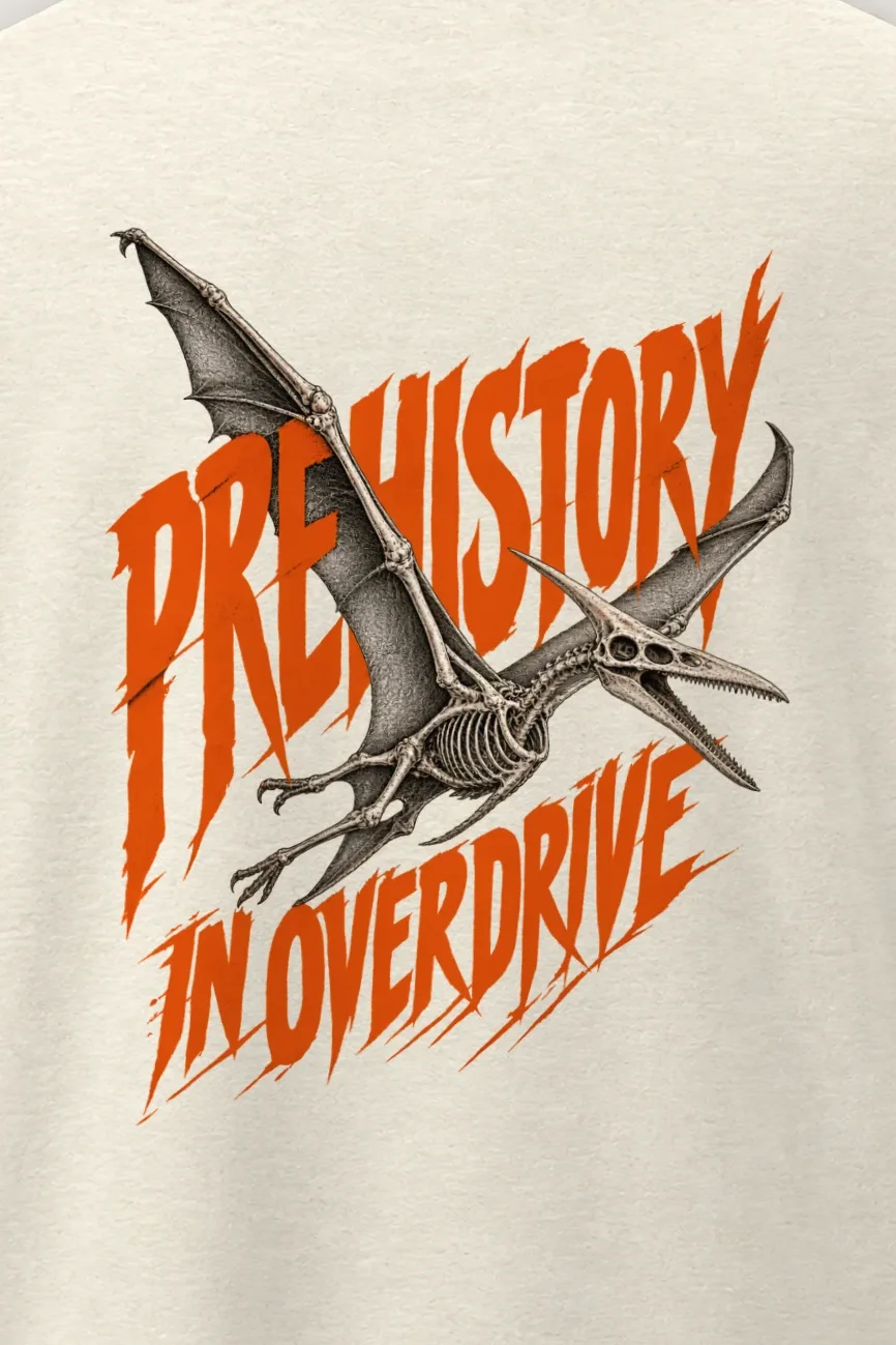 "Prehistory in Overdrive" Men’s Oversized Heavyweight Crewneck T-Shirt - the graphic up close