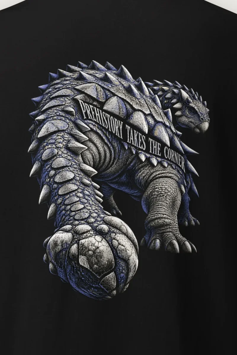 "Prehistory Takes the Corner" Heavyweight Unisex Crewneck T-shirt - the graphic up close