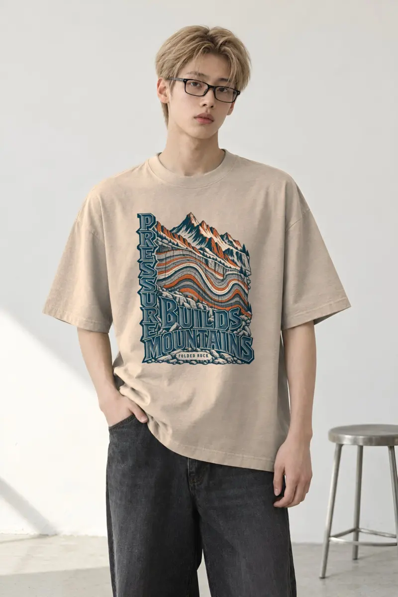 "Pressure Builds Mountains" Men's Oversized Heavyweight Crewneck T-Shirt