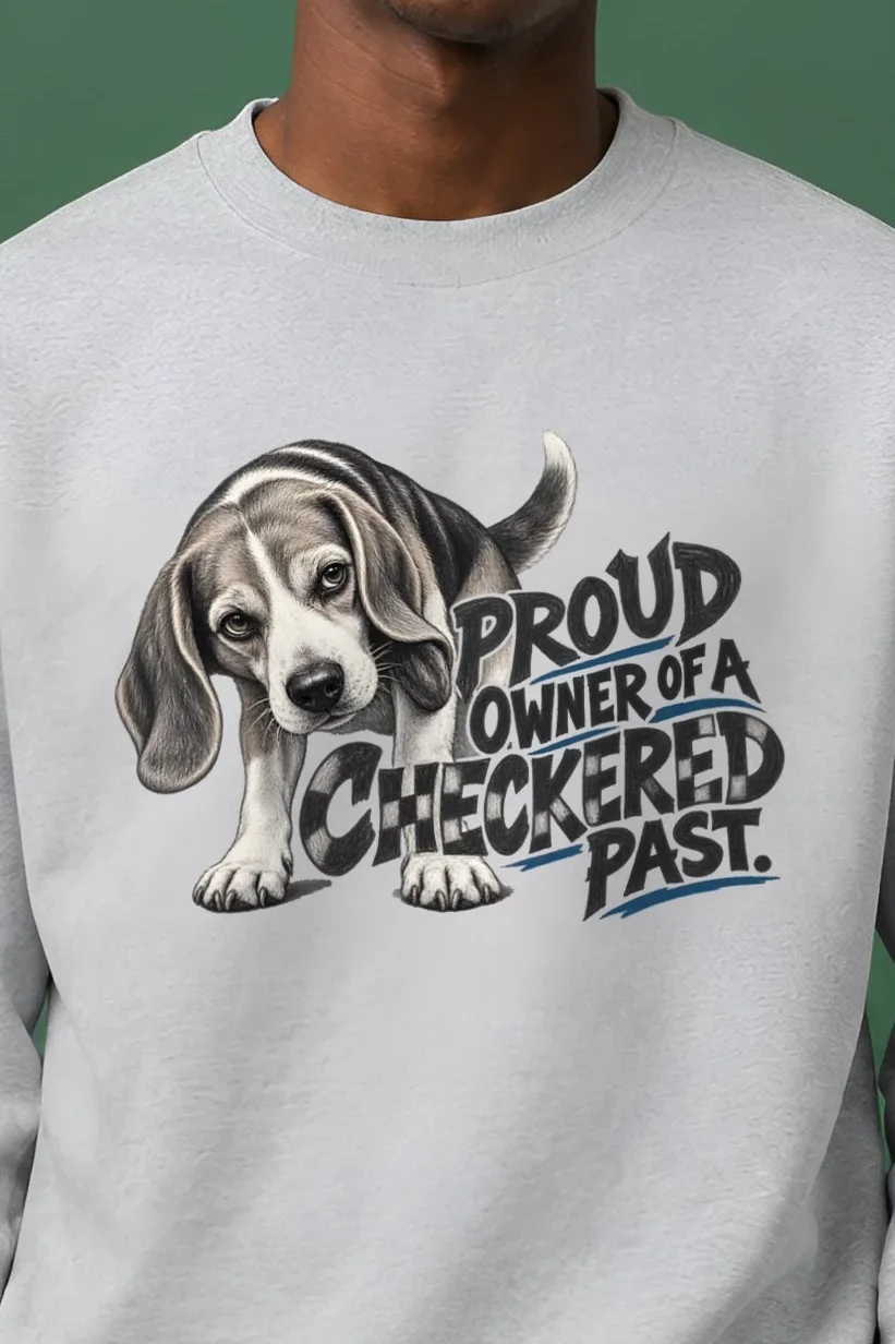 "Proud Owner of a Checkered Past" Heavy Blend Unisex Crewneck Sweatshirt - the graphic up close