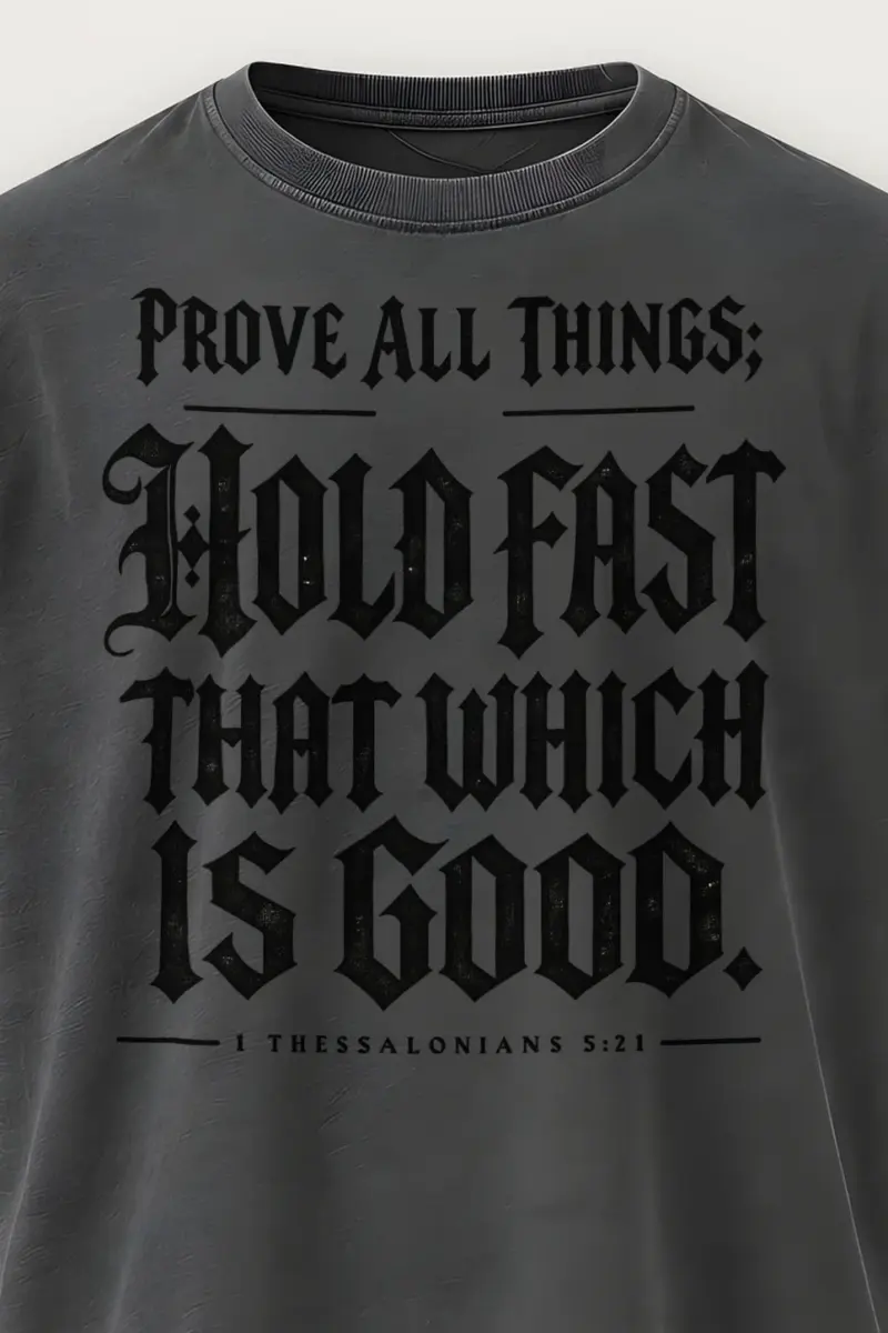 "Prove All Things Hold Fast" Men’s Oversized Heavyweight Crewneck T-Shirt - the graphic up close