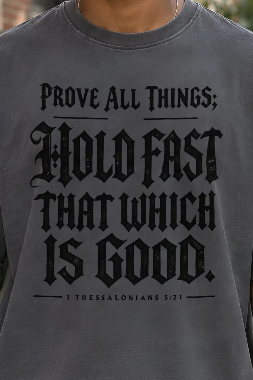 "Prove All Things Hold Fast" Men’s Oversized Heavyweight Crewneck T-Shirt - the graphic up close