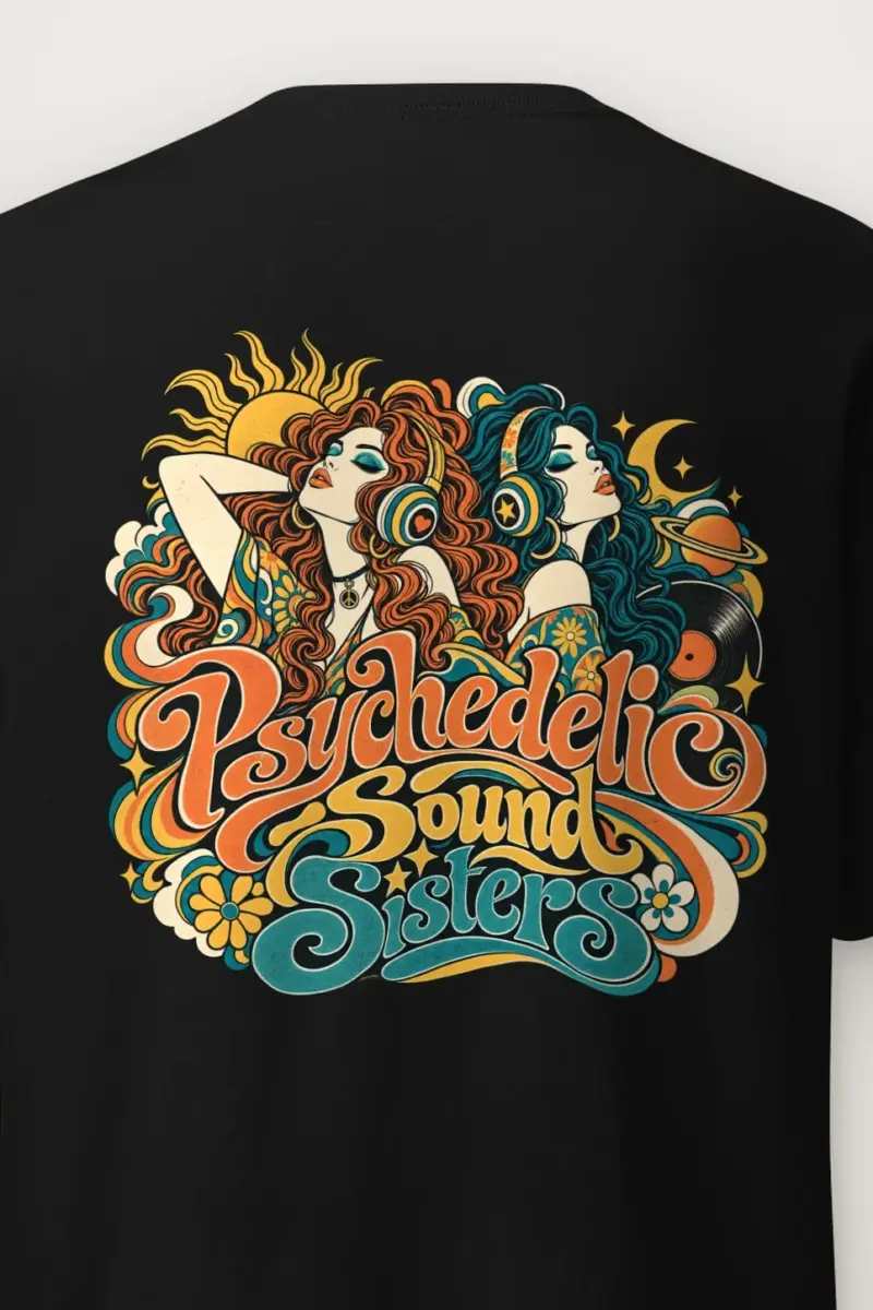 "Psychedelic Sound Sisters" Heavyweight Unisex Crewneck T-shirt - the graphic up close