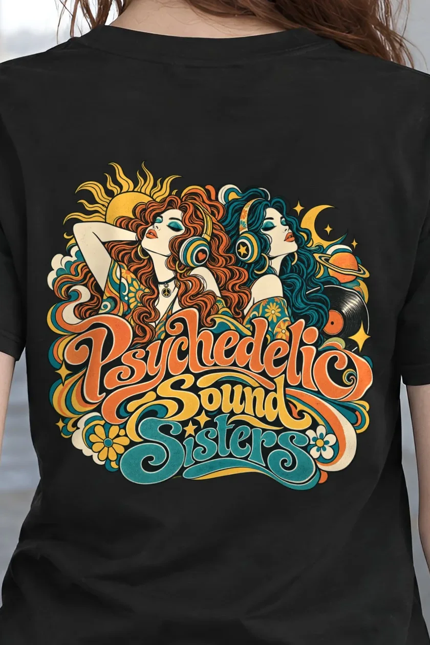 "Psychedelic Sound Sisters" Heavyweight Unisex Crewneck T-shirt - the graphic up close