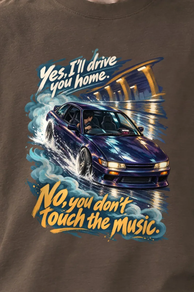 "Purple Coupe Drift" Unisex Oversized Heavyweight Crewneck T-Shirt - the graphic up close