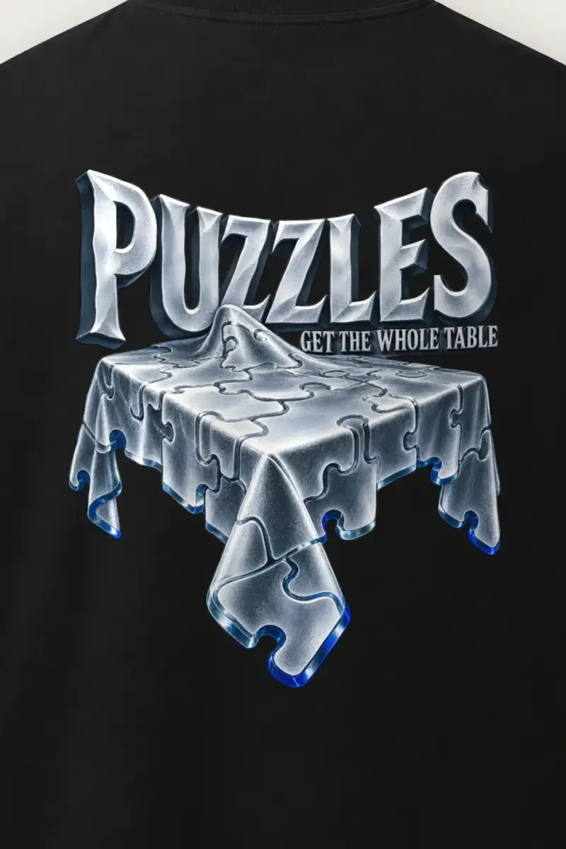 "Puzzles Get the Whole Table" Men’s Oversized Heavyweight Crewneck T-Shirt - the graphic up close