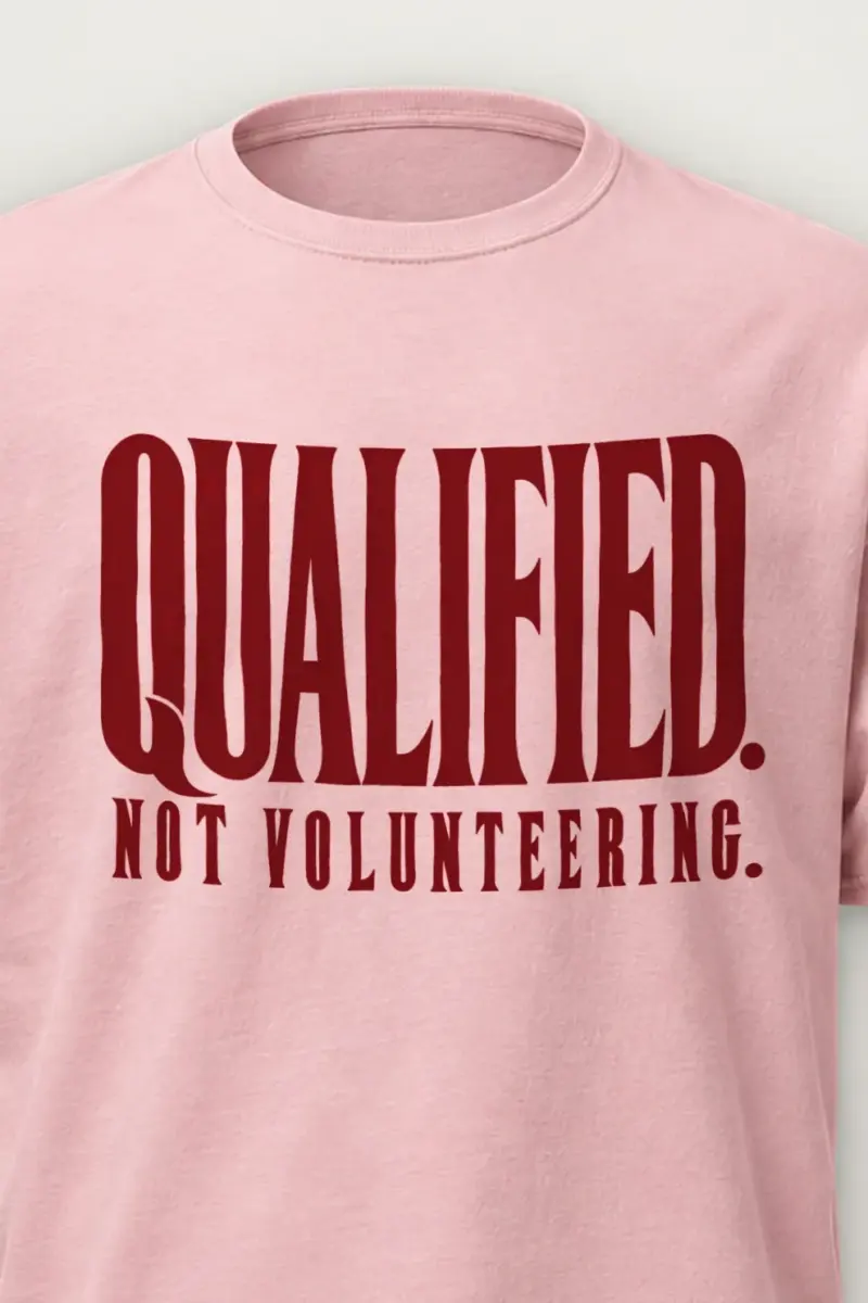 "Qualified. Not Volunteering." Heavyweight Unisex Crewneck T-shirt - the graphic up close