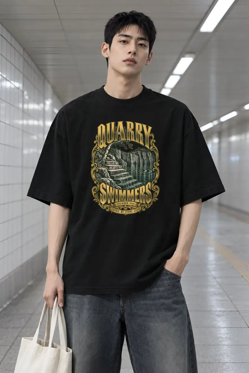 "Quarry Swimmers Stone Steps" Men's Oversized Heavyweight Crewneck T-Shirt