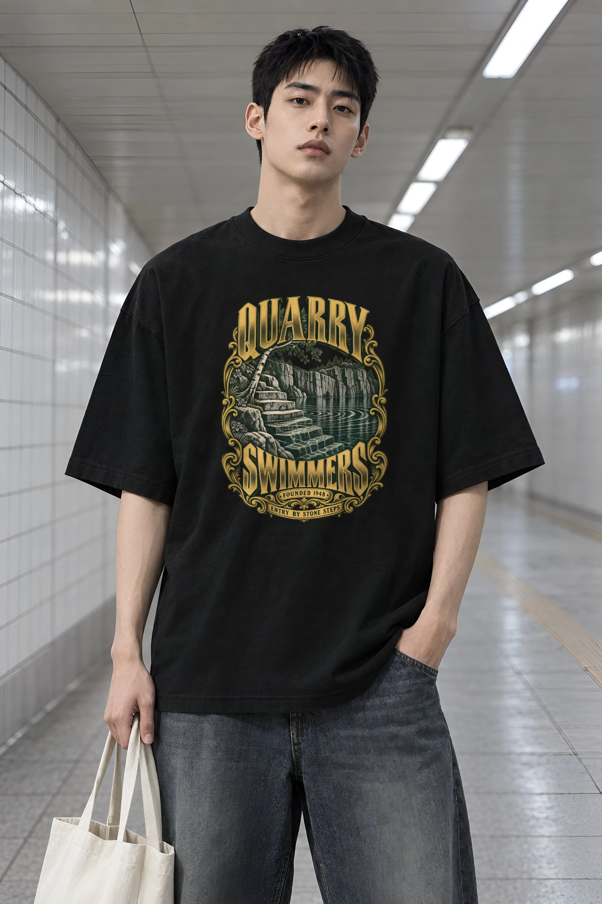 "Quarry Swimmers Stone Steps" Men's Oversized Heavyweight Crewneck T-Shirt