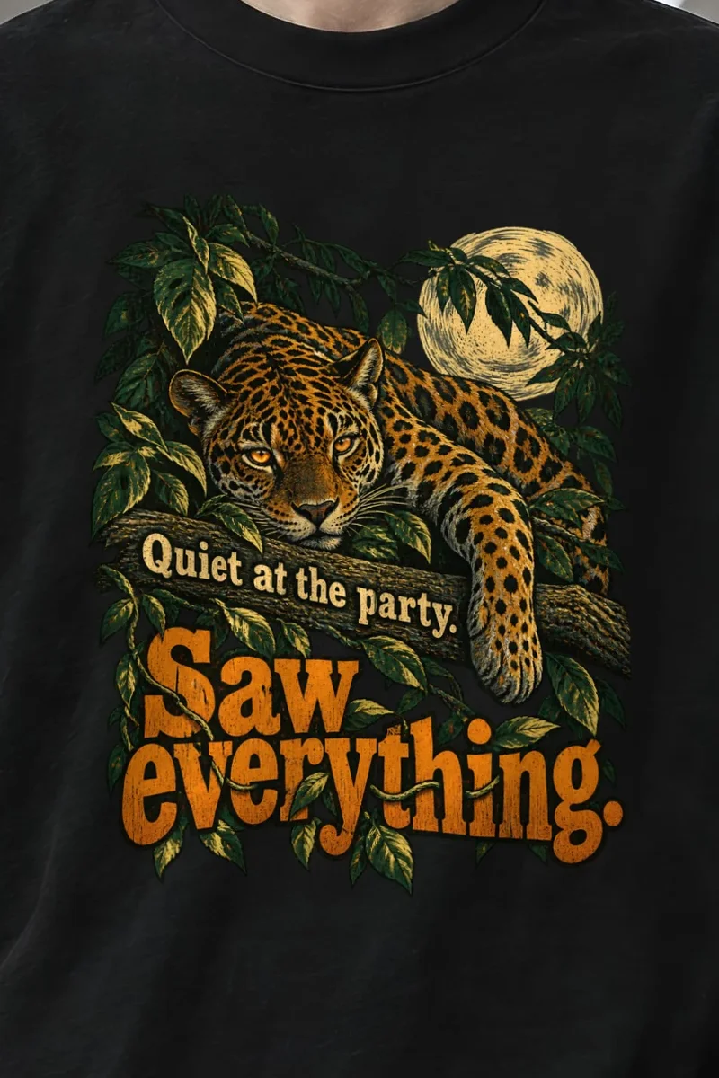 "Quiet at the Party" Unisex Oversized Heavyweight Crewneck T-Shirt - the graphic up close