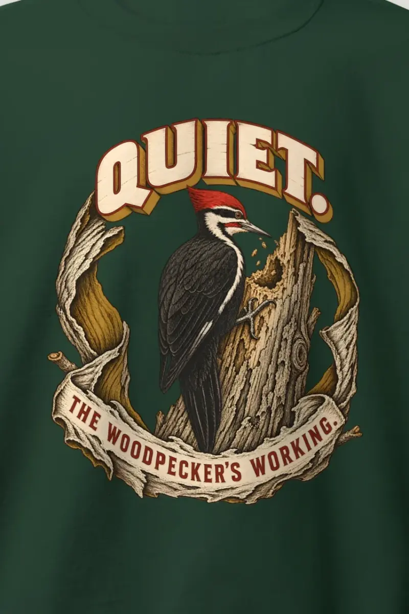"Quiet The Woodpecker’s Working" Heavy Blend Unisex Crewneck Sweatshirt - the graphic up close