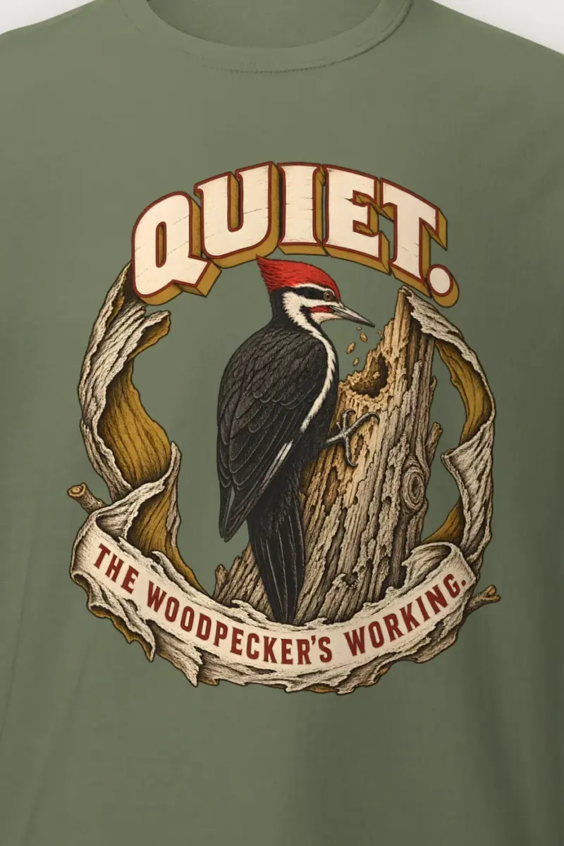 "Quiet The Woodpecker’s Working" Heavyweight Unisex Crewneck T-shirt - the graphic up close