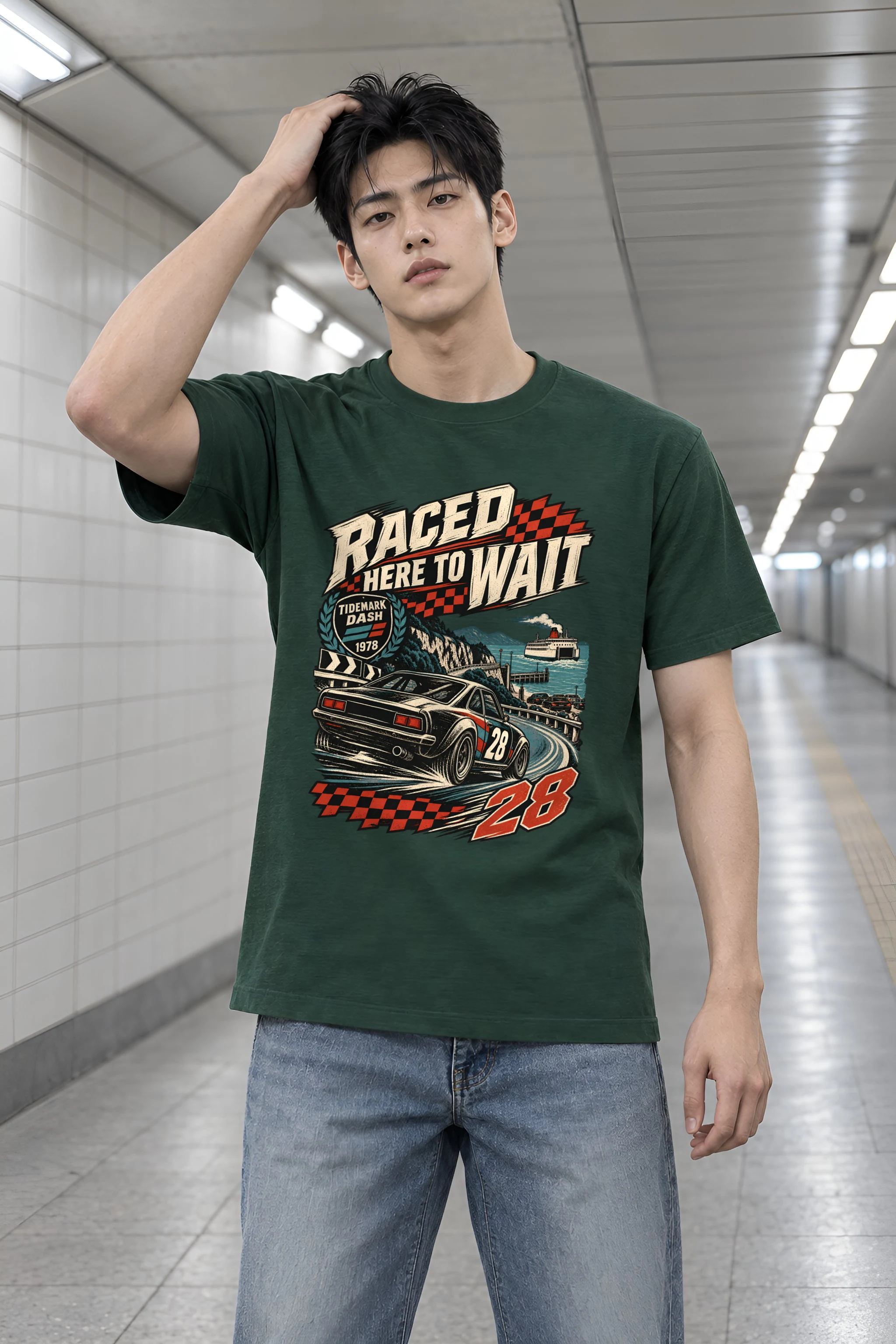 "Raced Here to Wait" Heavyweight Unisex Crewneck T-shirt