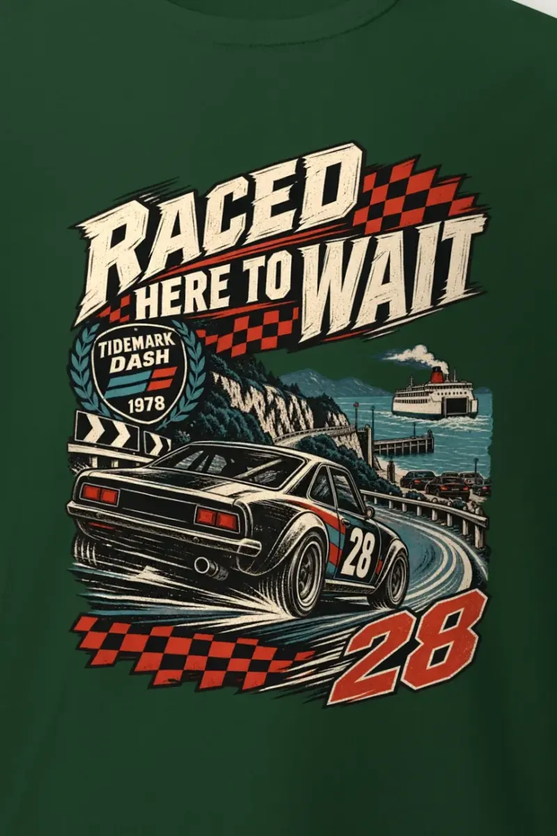 "Raced Here to Wait" Heavyweight Unisex Crewneck T-shirt - the graphic up close