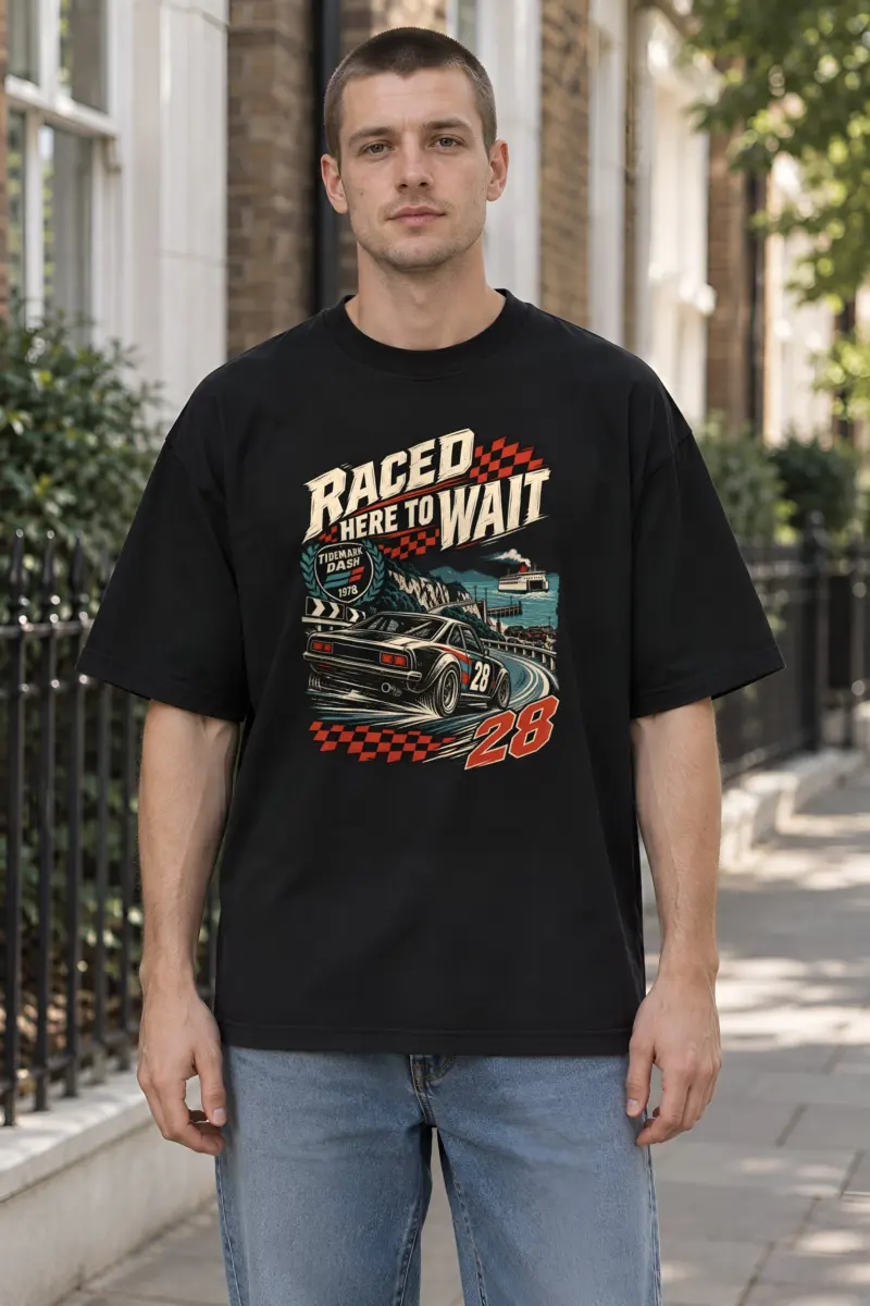 "Raced Here to Wait" Unisex Oversized Heavyweight Crewneck T-Shirt