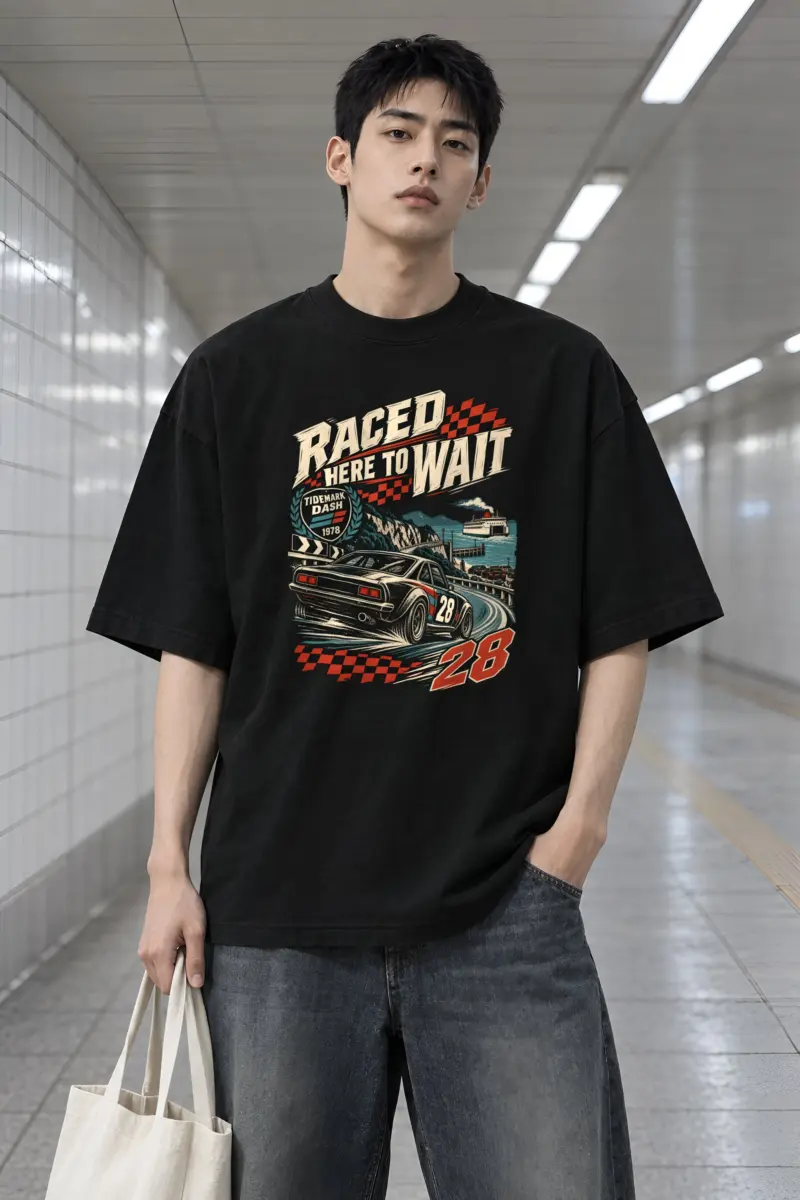 "Raced Here to Wait" Men's Oversized Heavyweight Crewneck T-Shirt