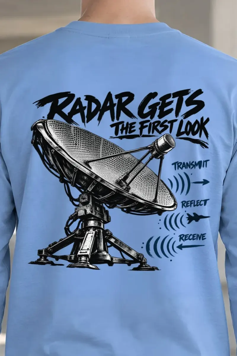 "Radar Gets the First Look" Unisex Longsleeve T-shirt - the graphic up close