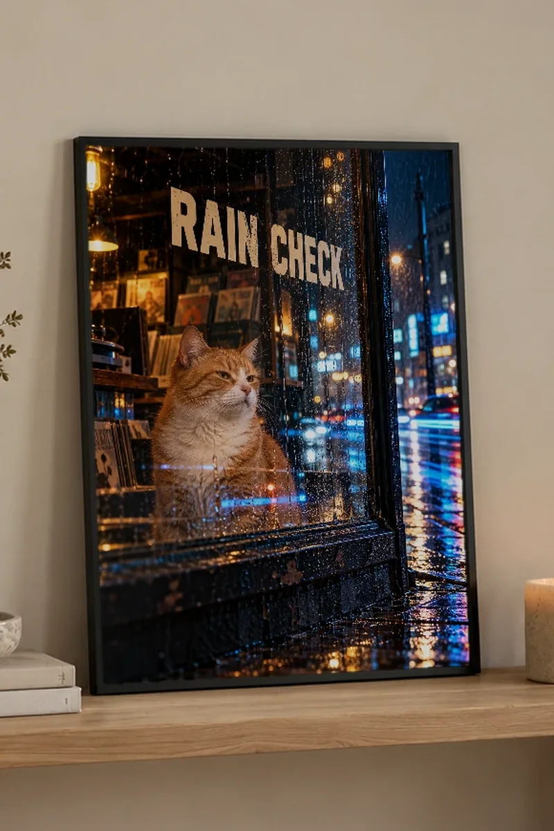 "Rain Check" Premium Wooden Framed Poster - the graphic up close