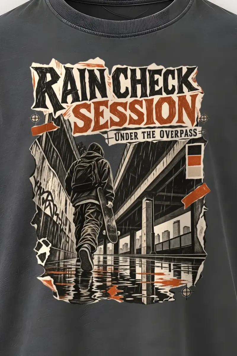 "Rain Check Session" Men’s Oversized Heavyweight Crewneck T-Shirt - the graphic up close