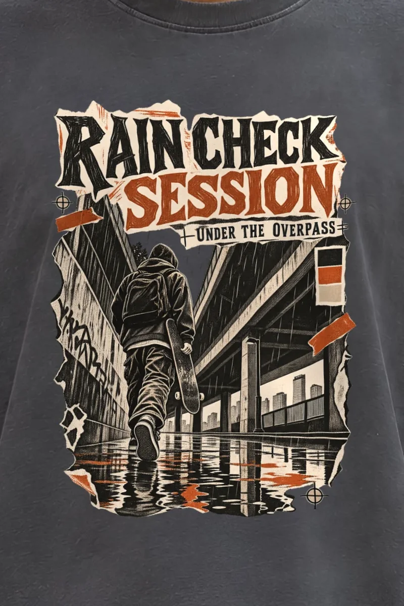 "Rain Check Session" Men’s Oversized Heavyweight Crewneck T-Shirt - the graphic up close