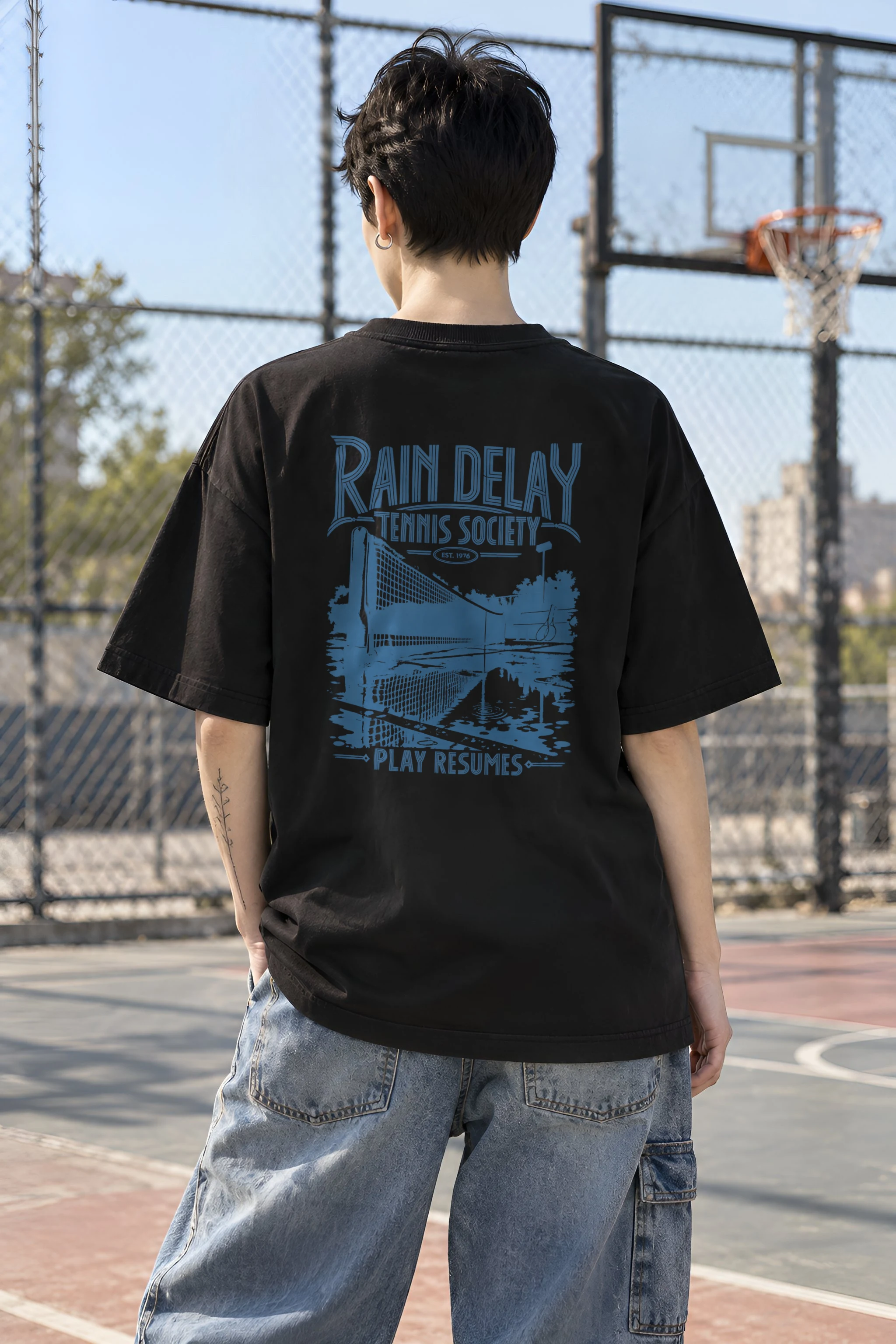 "Rain Delay Tennis Society" Unisex Oversized Heavyweight Crewneck T-Shirt