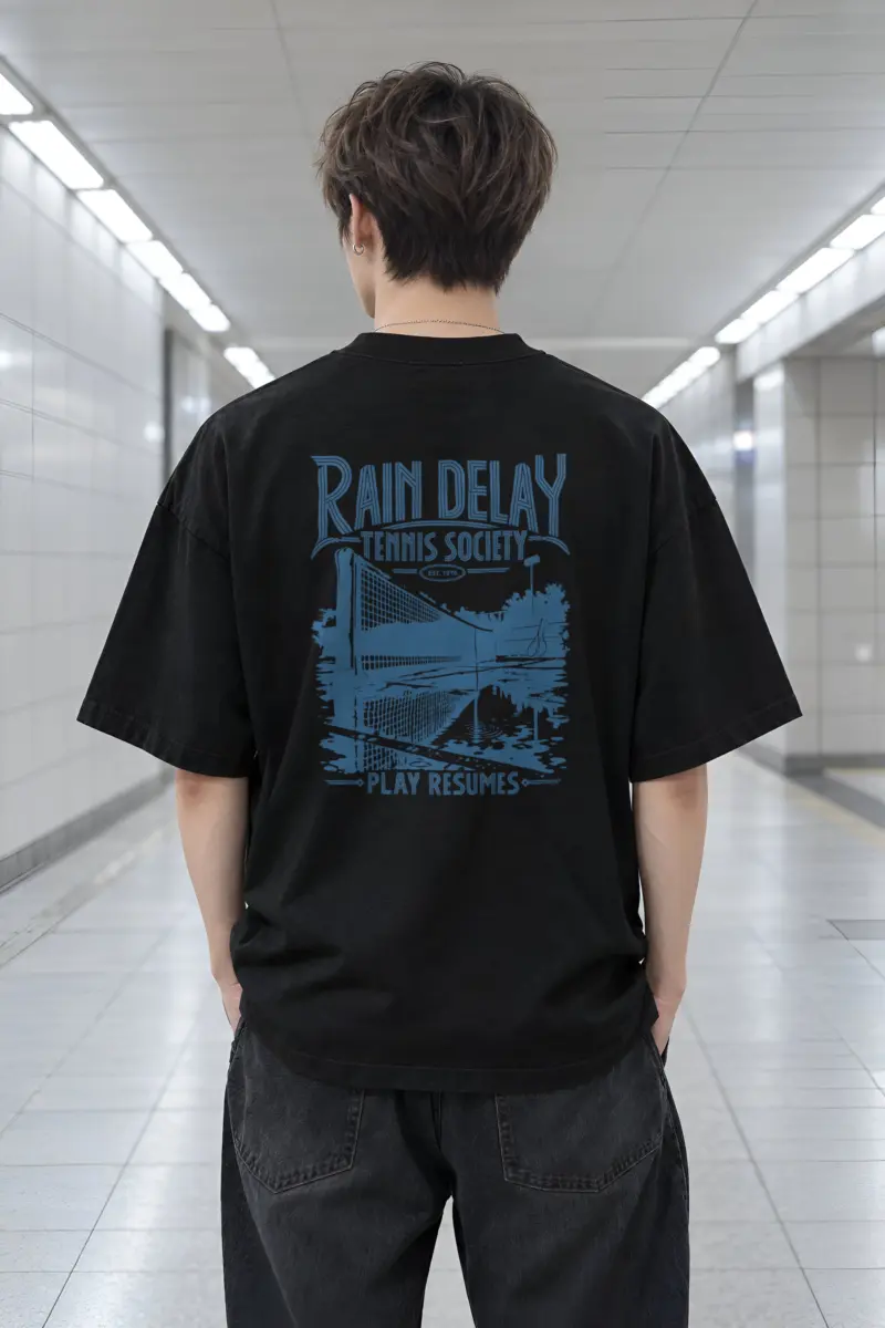 "Rain Delay Tennis Society" Men's Oversized Heavyweight Crewneck T-Shirt