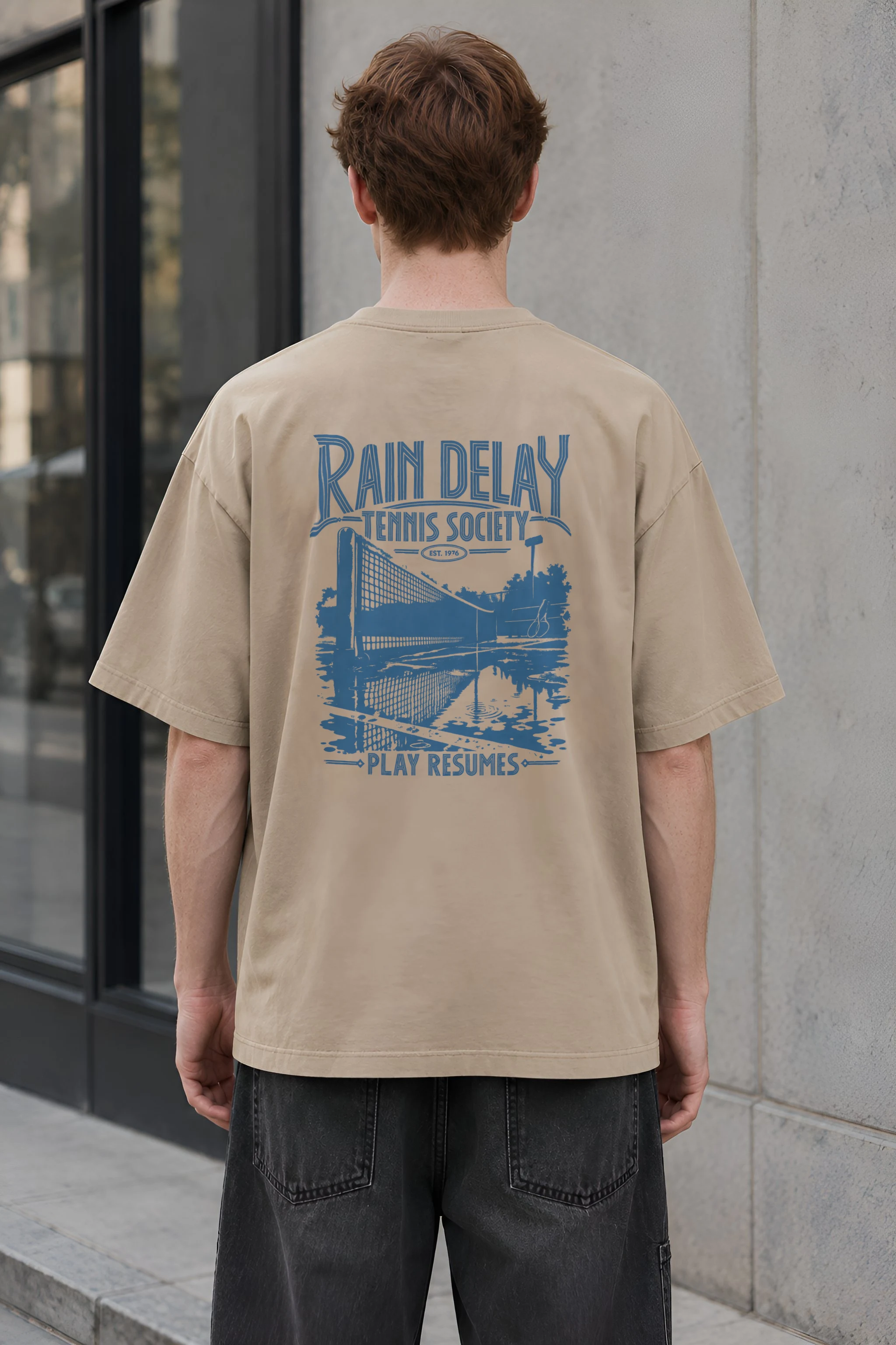 "Rain Delay Tennis Society" Unisex Oversized Heavyweight Crewneck T-Shirt