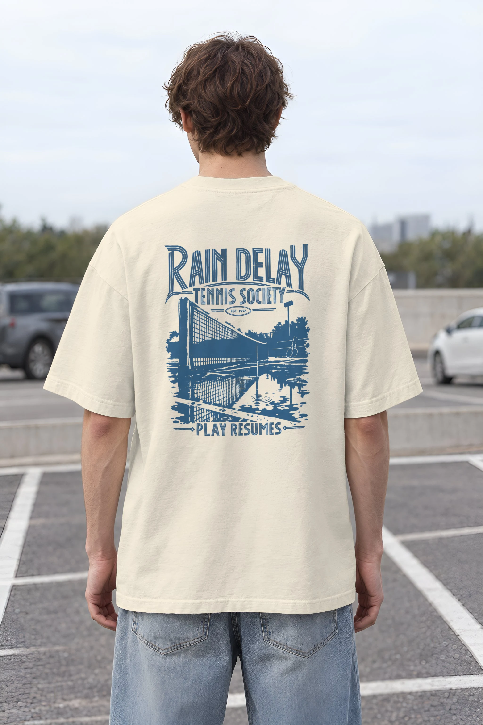 "Rain Delay Tennis Society" Unisex Oversized Heavyweight Crewneck T-Shirt