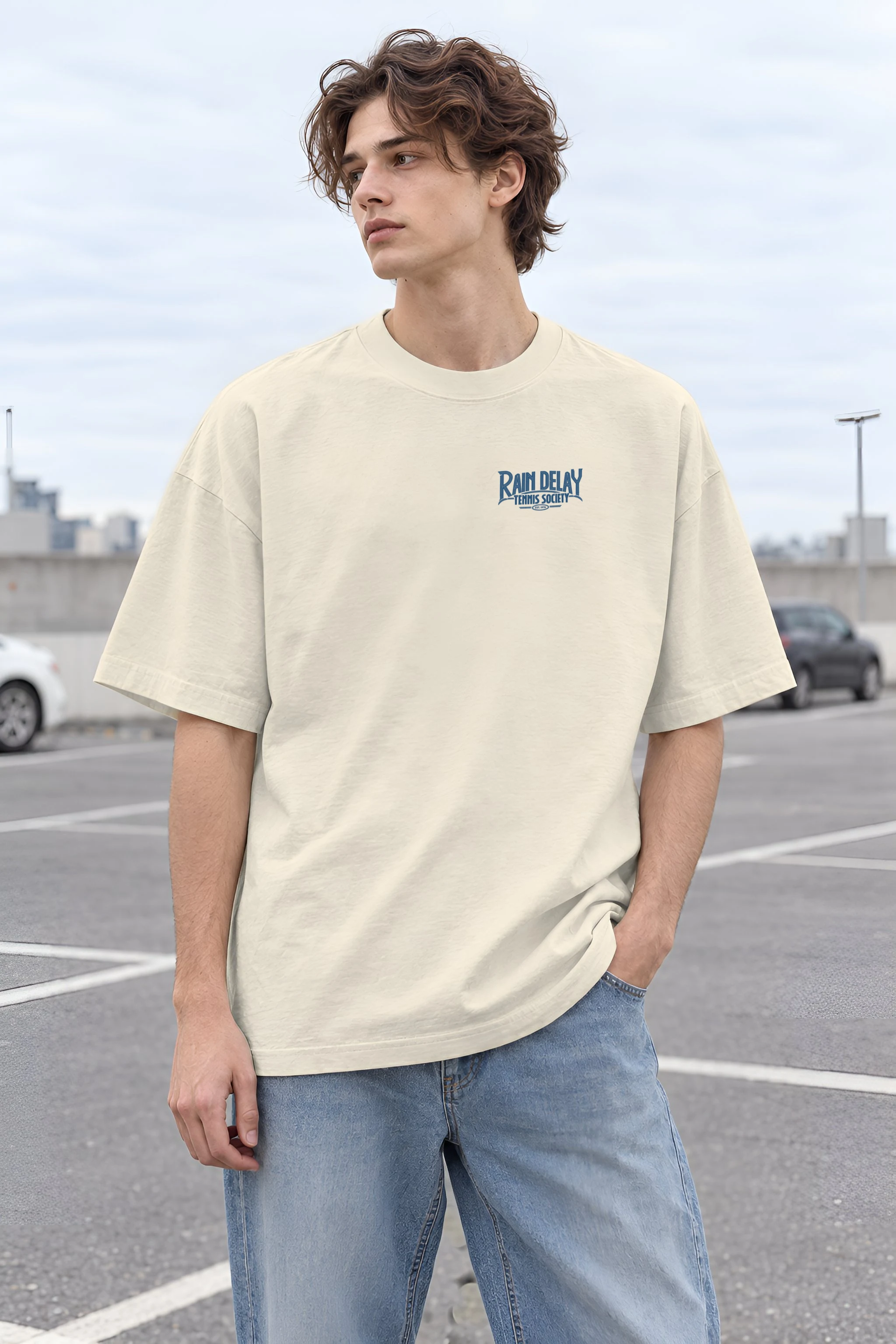 "Rain Delay Tennis Society" Unisex Oversized Heavyweight Crewneck T-Shirt