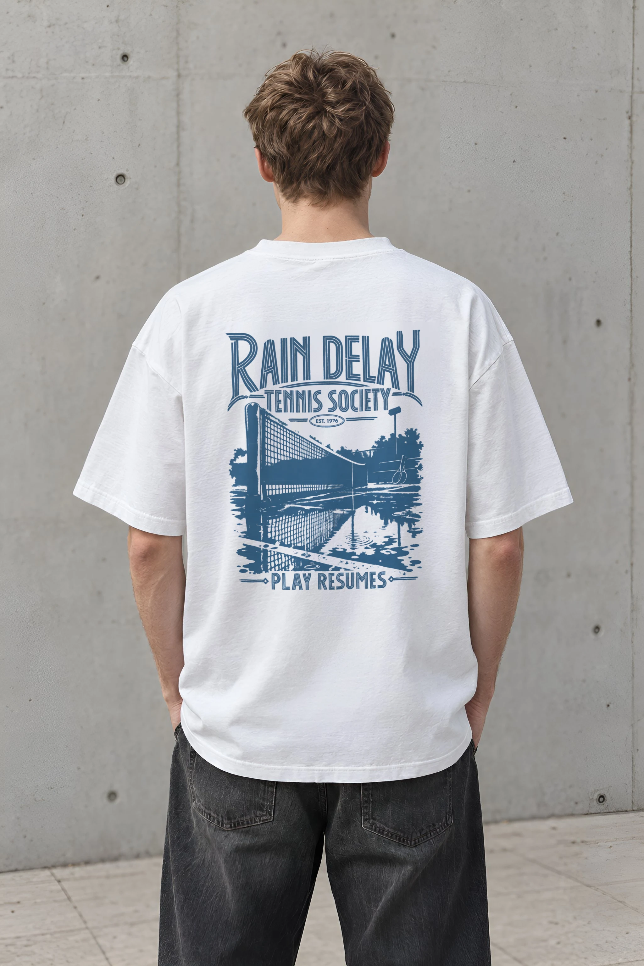 "Rain Delay Tennis Society" Unisex Oversized Heavyweight Crewneck T-Shirt