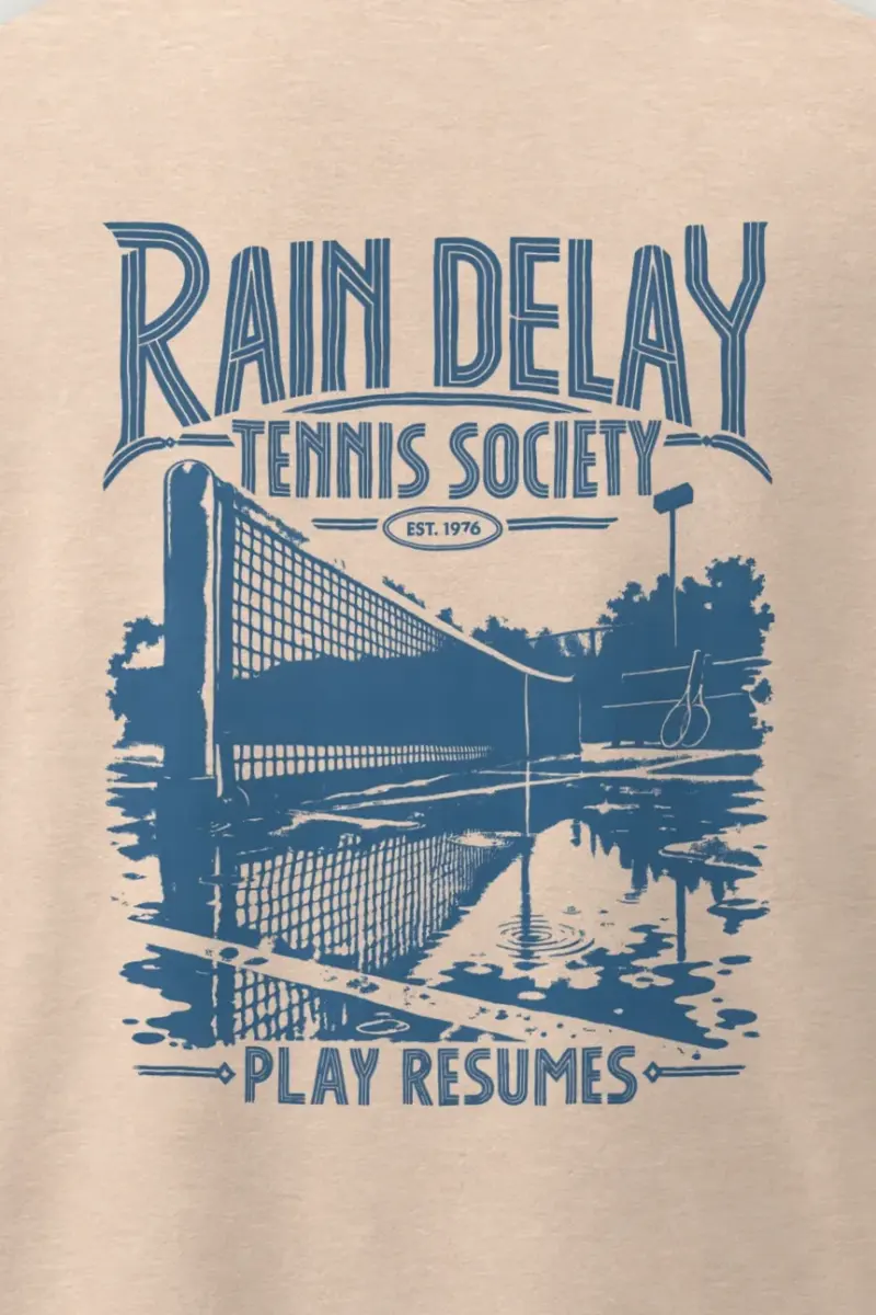 "Rain Delay Tennis Society" Men’s Oversized Heavyweight Crewneck T-Shirt - the graphic up close