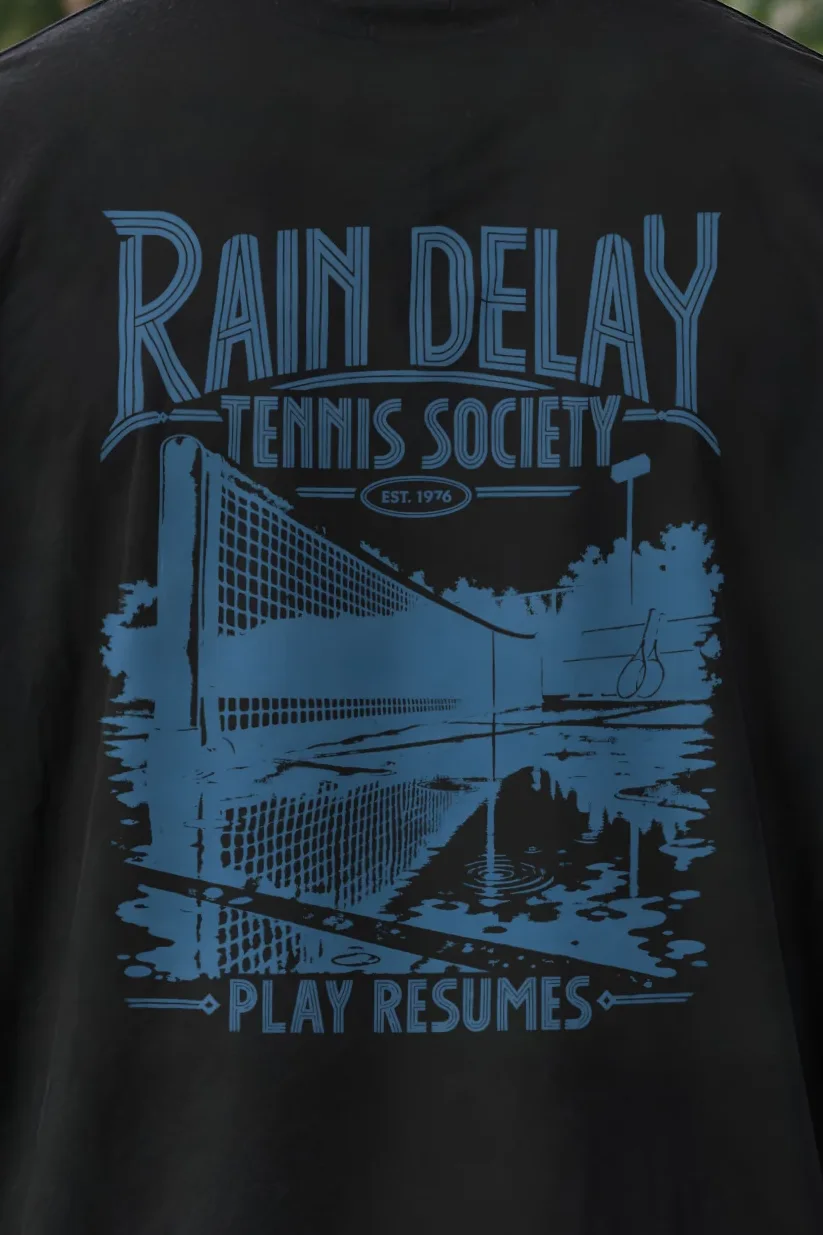 "Rain Delay Tennis Society" Men’s Oversized Heavyweight Crewneck T-Shirt - the graphic up close