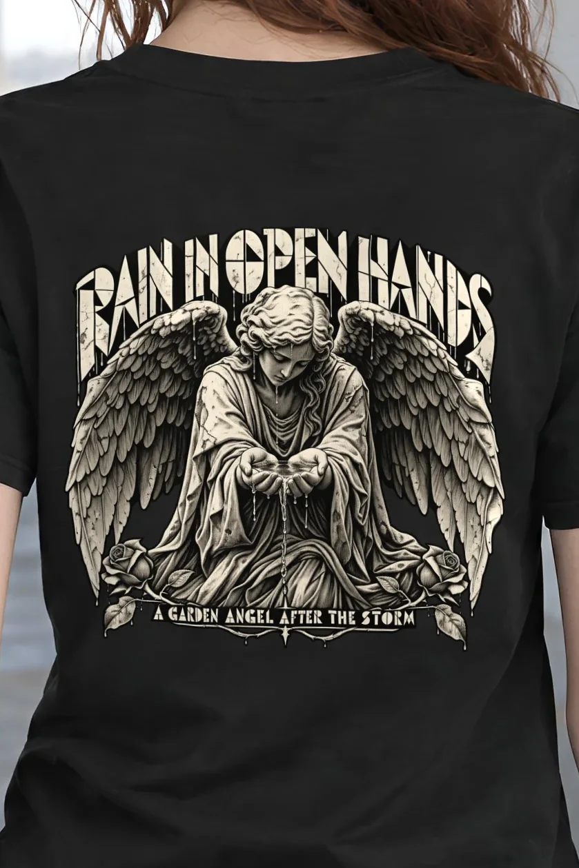 "Rain in Open Hands" Heavyweight Unisex Crewneck T-shirt - the graphic up close