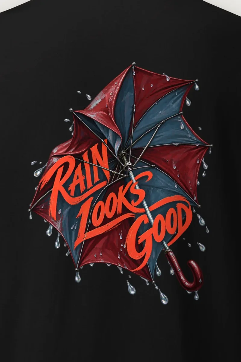 "Rain Looks Good" Heavyweight Unisex Crewneck T-shirt - the graphic up close