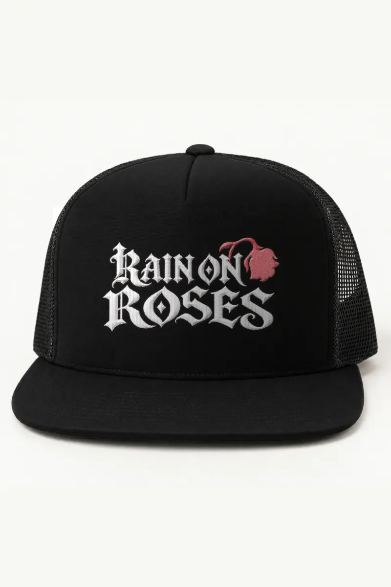 "Rain on Roses" 5 Panel Trucker Cap · Embroidered