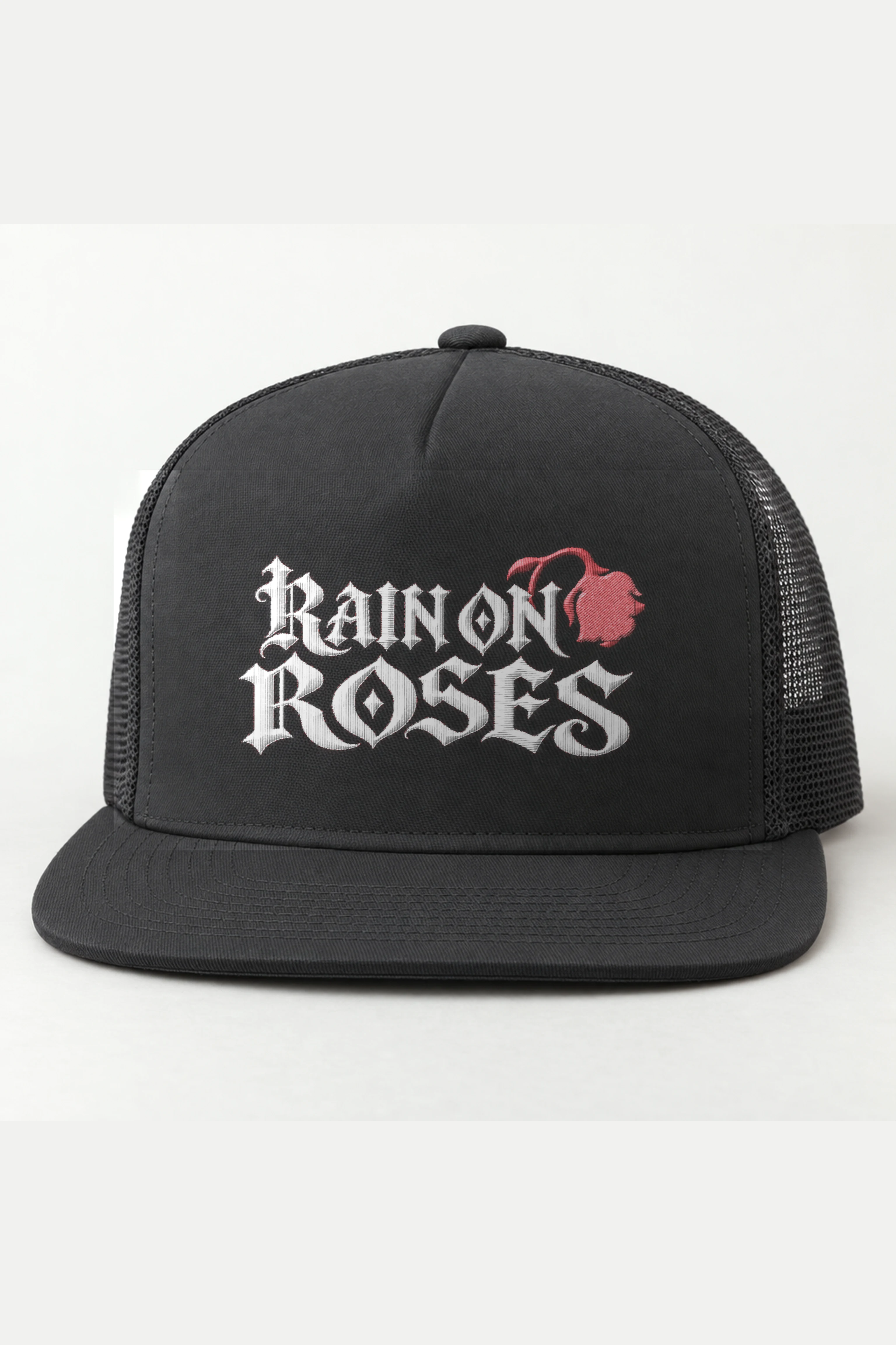 "Rain on Roses" 5 Panel Trucker Cap · Embroidered