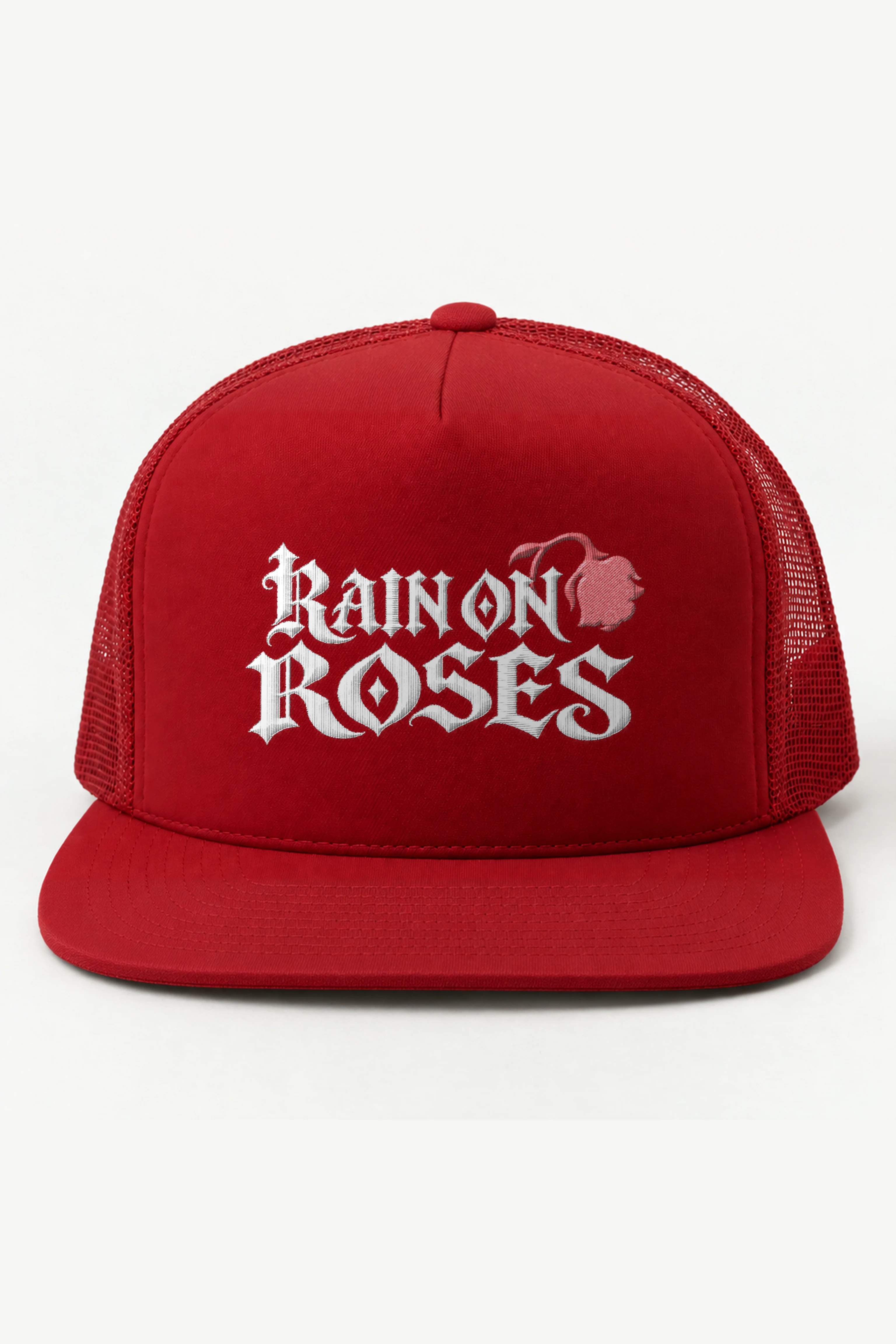 "Rain on Roses" 5 Panel Trucker Cap · Embroidered
