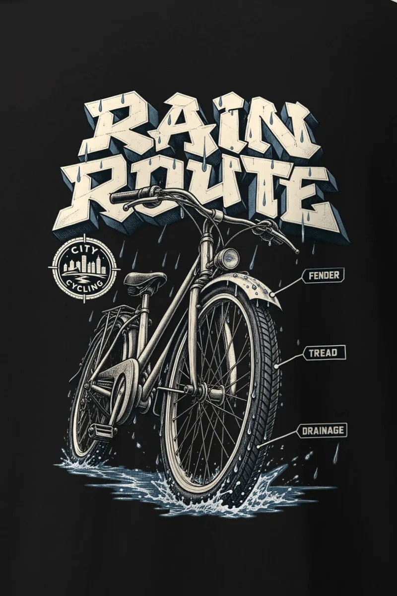 "Rain Route City Cycling" Heavyweight Unisex Crewneck T-shirt - the graphic up close