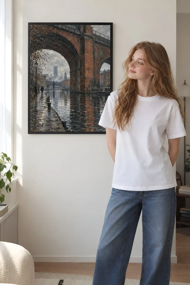“Rainy Canal Under Brick Arch” Premium Wooden Framed Poster